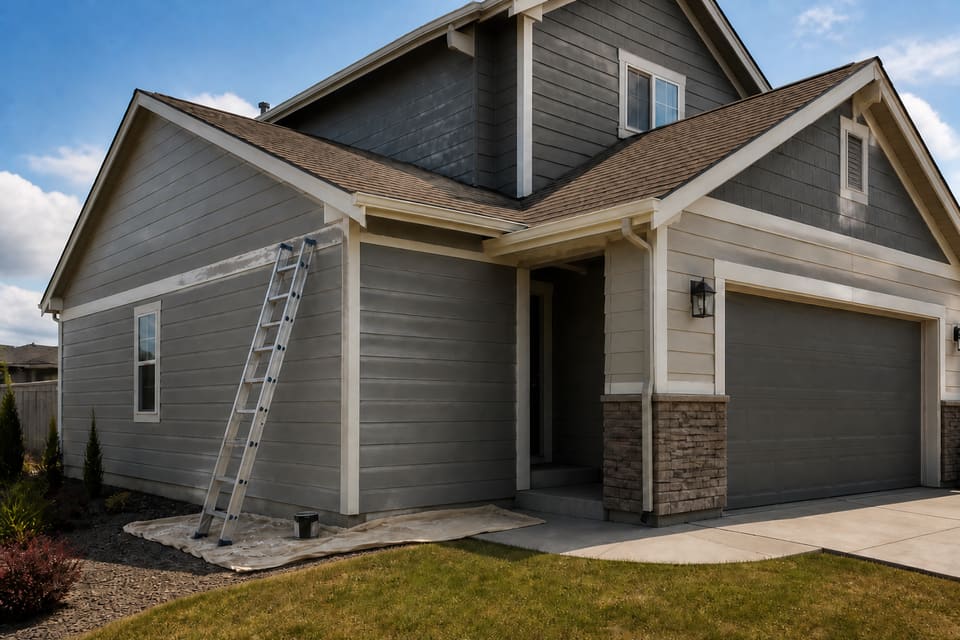 Ordinary suburban house with a ladder and drop cloth suggesting an exterior renovation decision. Illustrative property.